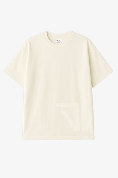 Flat lay of off white oversized t-shirt with big light deux vincente logo on bottom left side