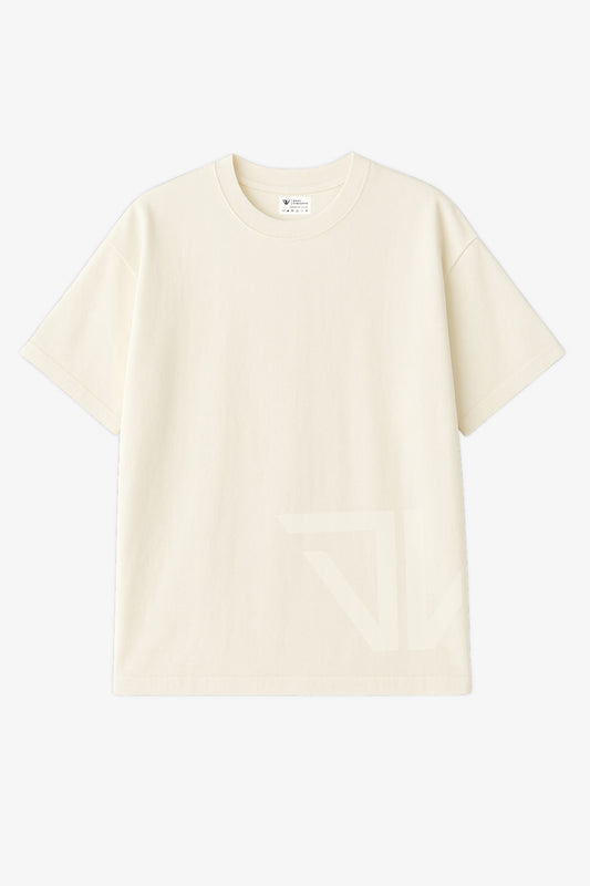 Flat lay of off white oversized t-shirt with big light deux vincente logo on bottom left side