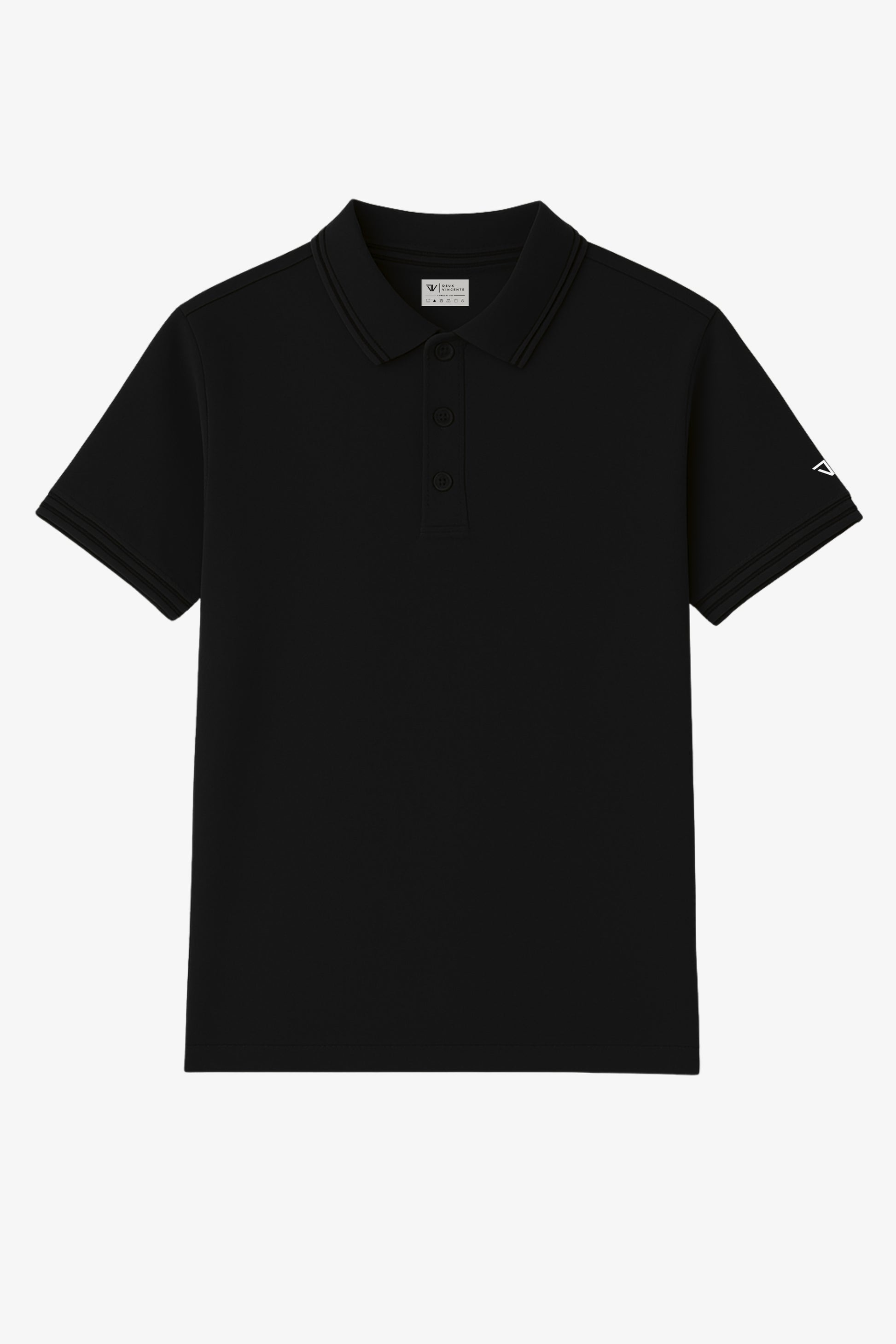 Flat lay of black polo t-shirt with small deux vincente logo on sleeve