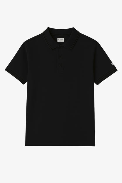 Flat lay of black polo t-shirt with small deux vincente logo on sleeve