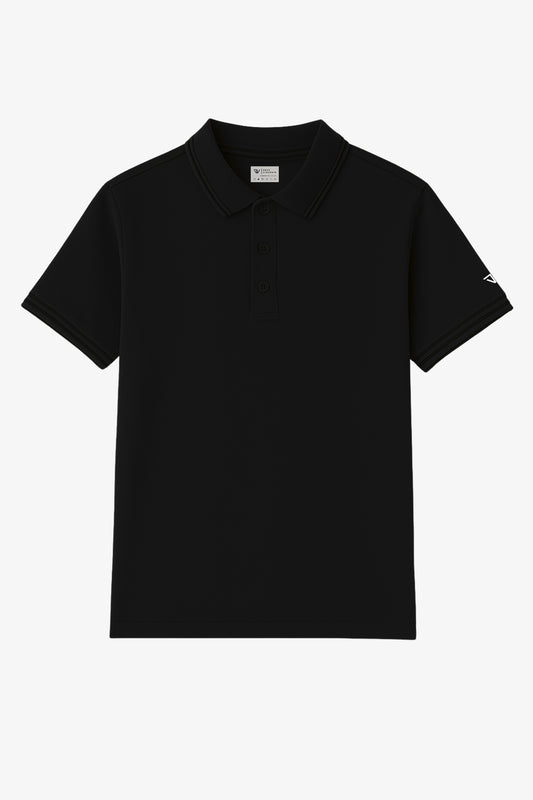 Flat lay of black polo t-shirt with small deux vincente logo on sleeve