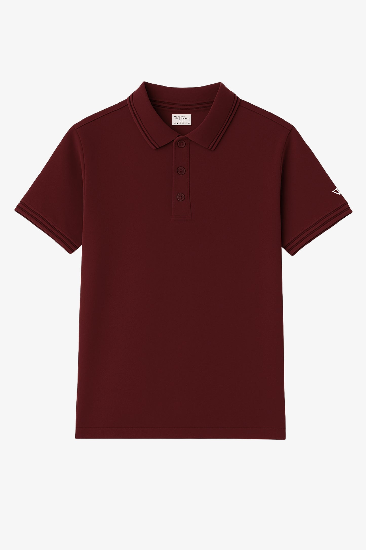Flat lay of maroon polo t-shirt with small deux vincente logo on sleeve