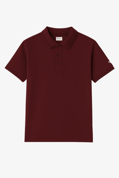 Flat lay of maroon polo t-shirt with small deux vincente logo on sleeve