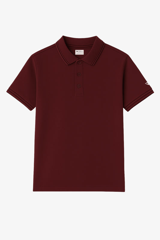 Flat lay of maroon polo t-shirt with small deux vincente logo on sleeve