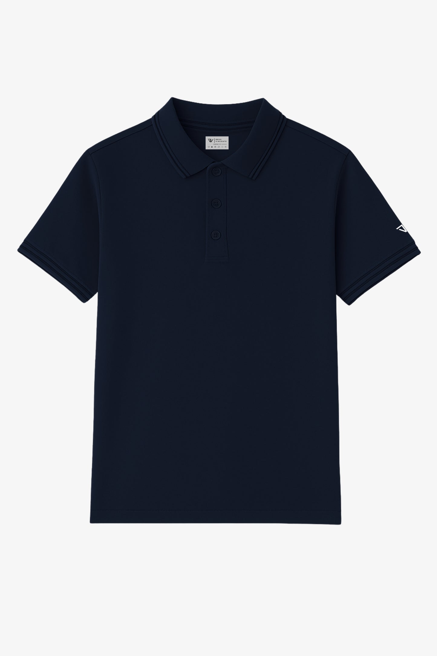 Flat lay of navy blue polo t-shirt with small deux vincente logo on sleeve