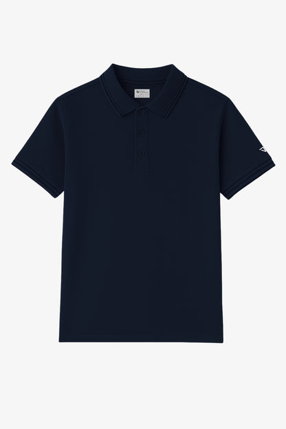 Flat lay of navy blue polo t-shirt with small deux vincente logo on sleeve