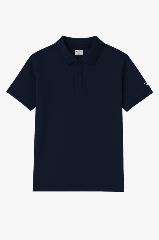 Flat lay of navy blue polo t-shirt with small deux vincente logo on sleeve