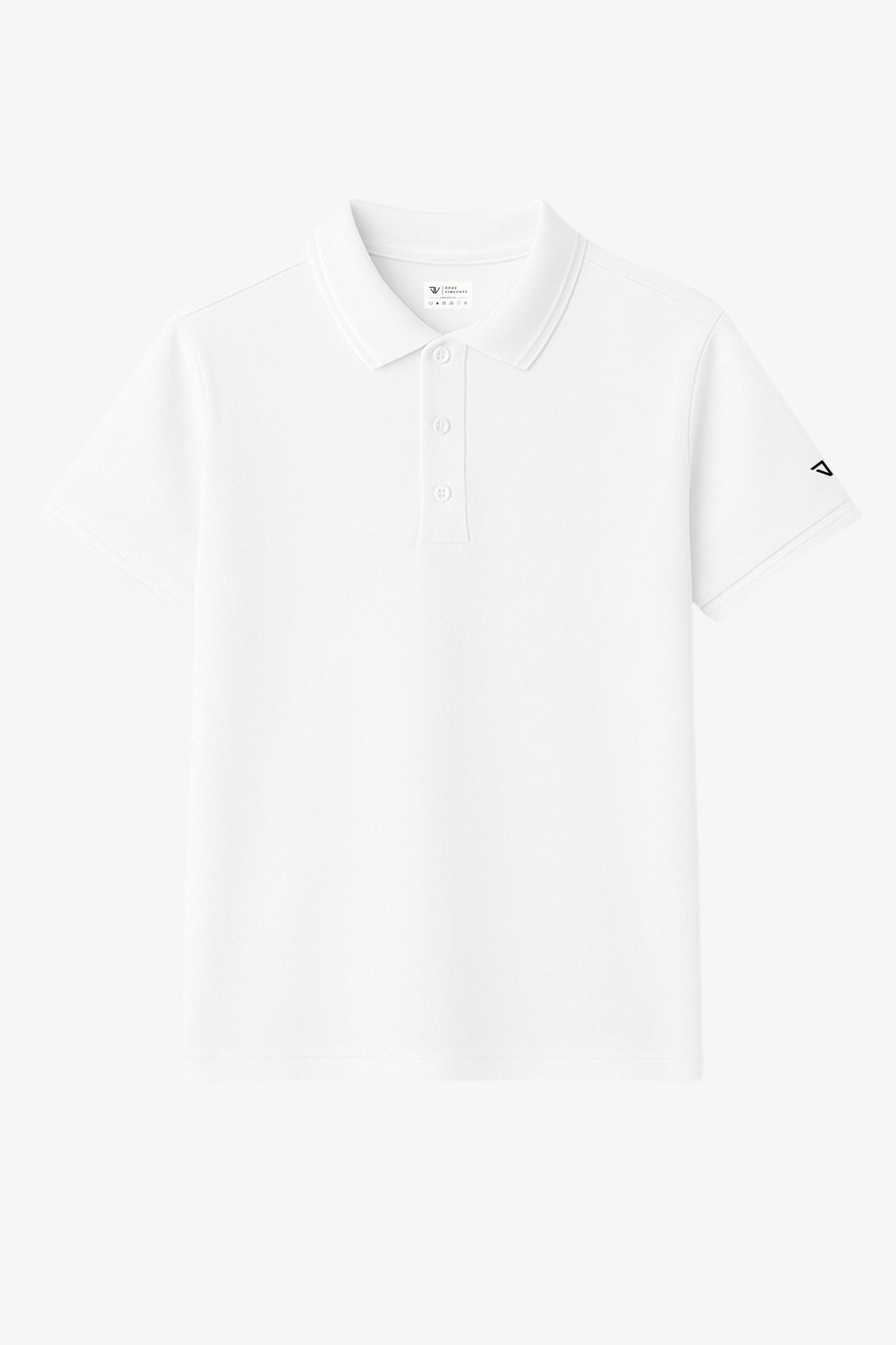 Flat lay of white polo t-shirt with small deux vincente logo on sleeve