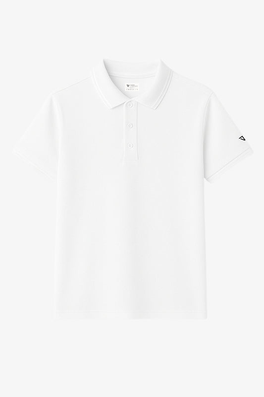 Flat lay of white polo t-shirt with small deux vincente logo on sleeve