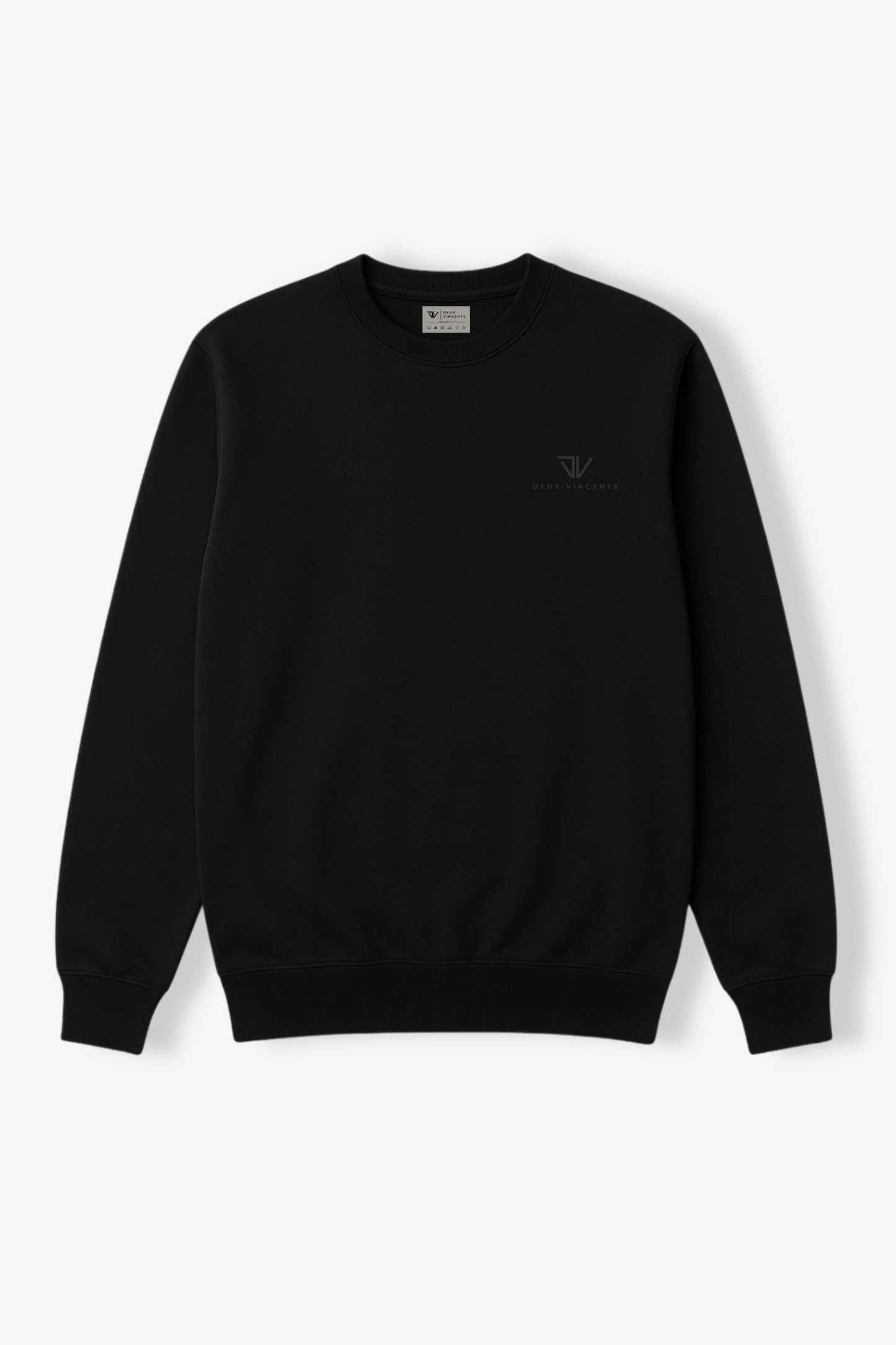 Flat lay of black sweatshirt with small black deux vincente logo on left side of chest