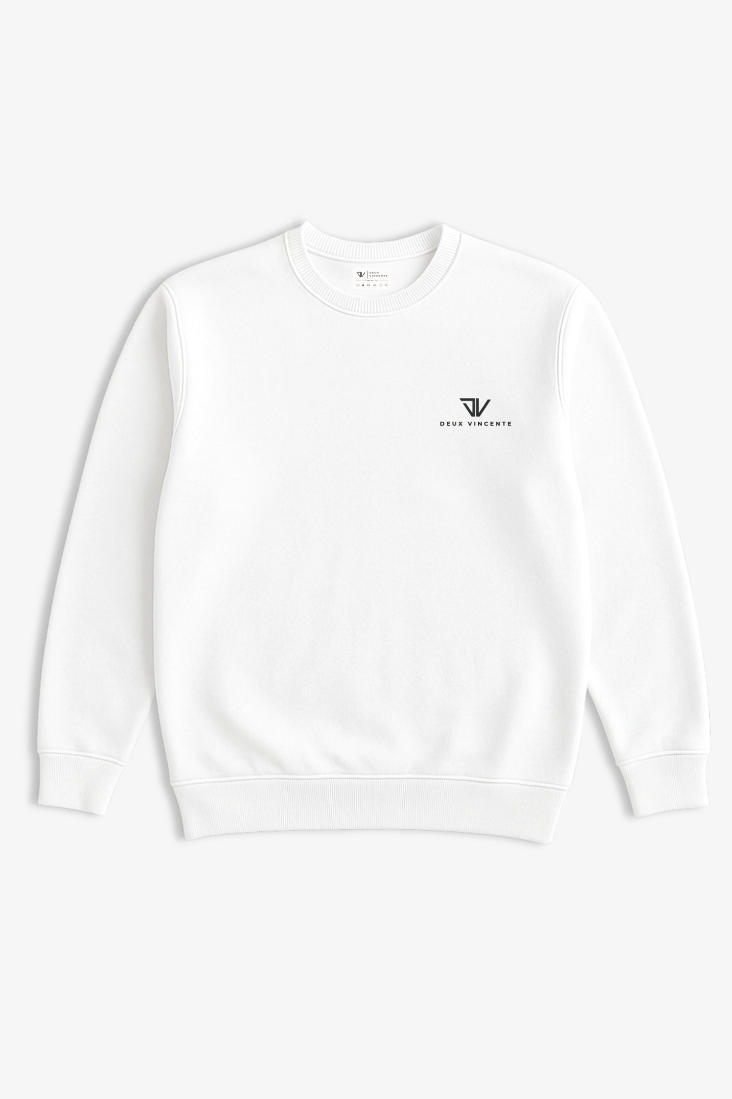 Flat lay of white sweatshirt with small black deux vincente logo on left side of chest