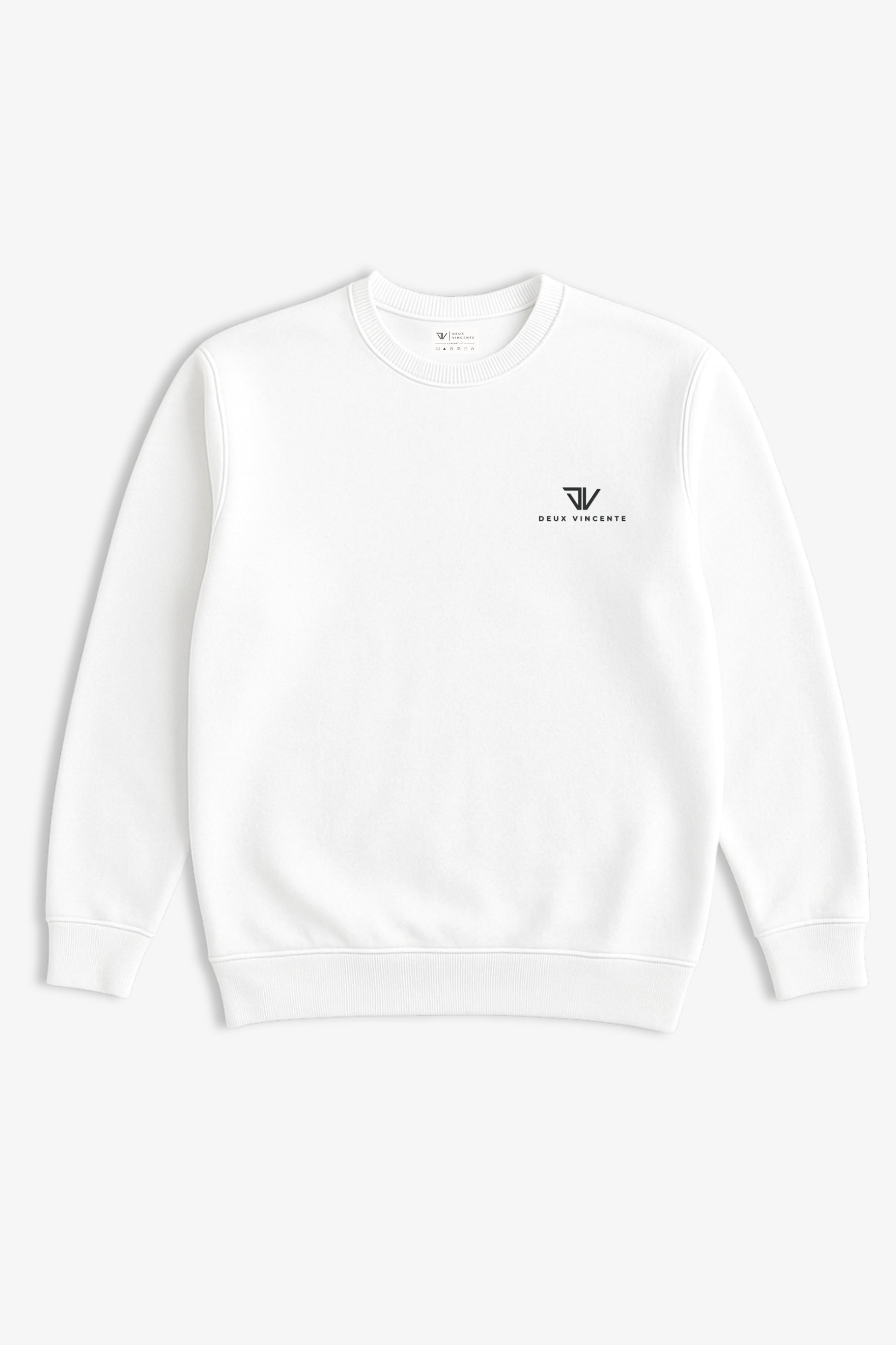 Flat lay of white sweatshirt with small black deux vincente logo on left side of chest