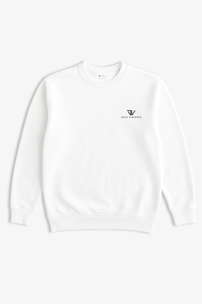 Flat lay of white sweatshirt with small black deux vincente logo on left side of chest