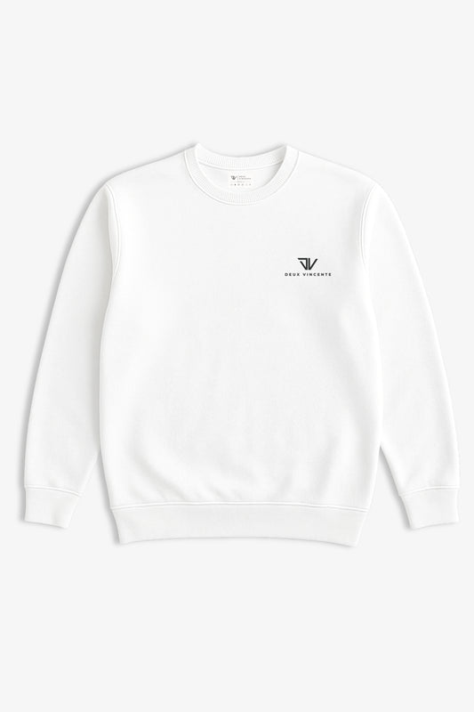 Flat lay of white sweatshirt with small black deux vincente logo on left side of chest