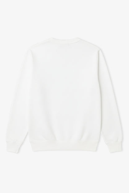 Flat lay of white sweatshirt from back side