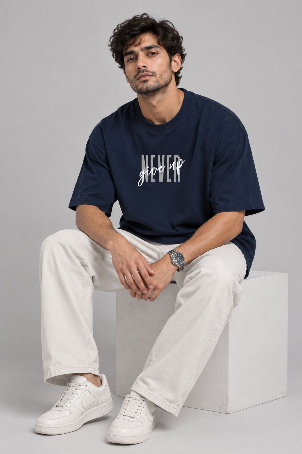 Never Give Up Navy Oversized T-Shirt