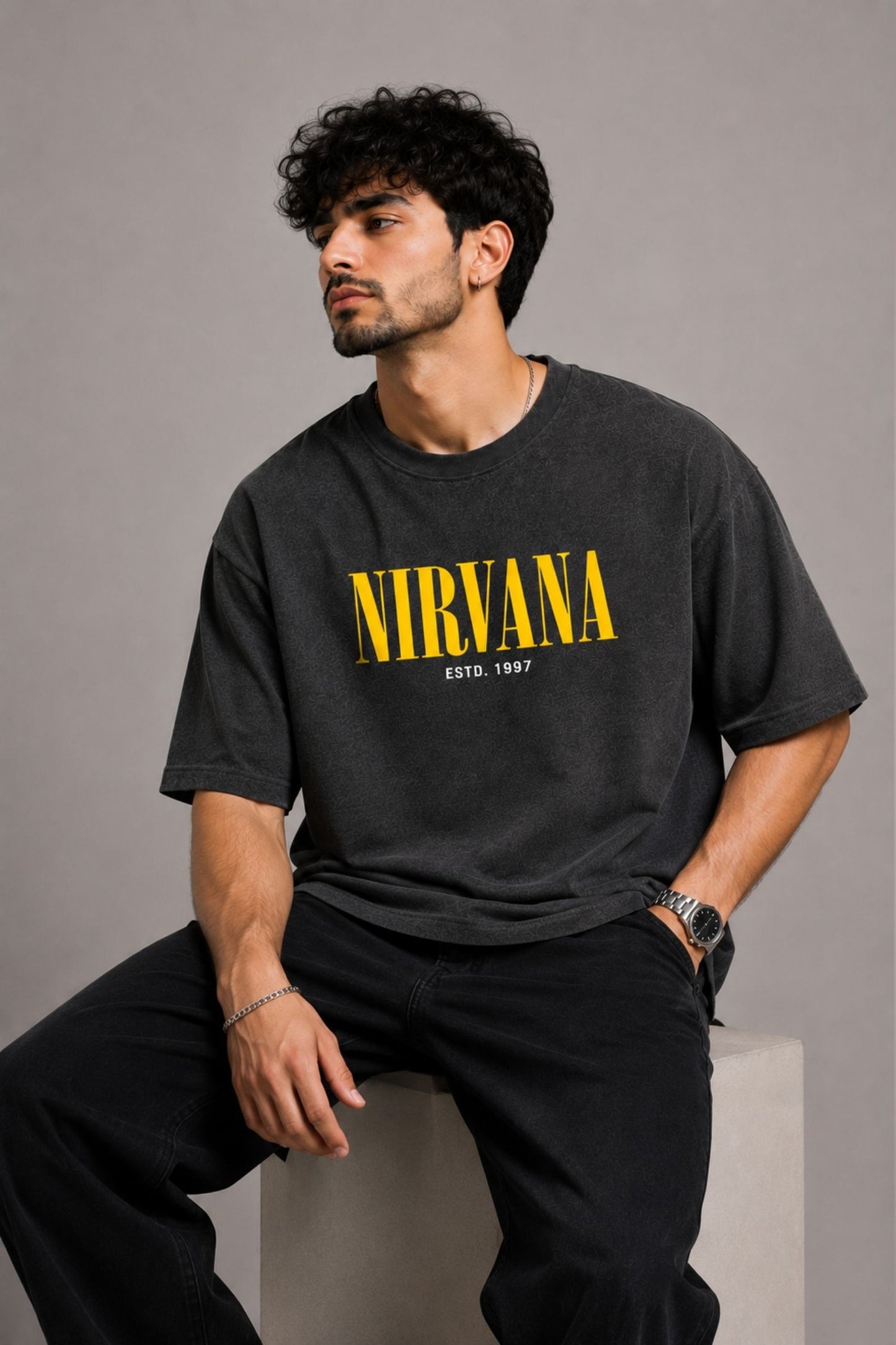 Nirvana Charcoal Grey Premium Oversized T-Shirt