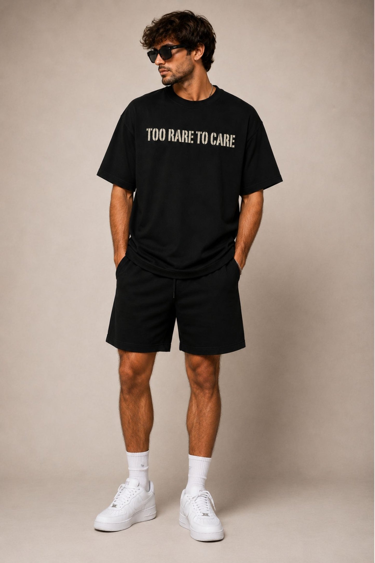 Too Rare To Care Black Oversized Co-Ord Set – 240 GSM Premium T-Shirt & Shorts