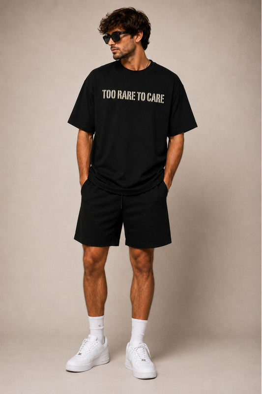 Too Rare To Care Black Oversized Co-Ord Set – 240 GSM Premium T-Shirt & Shorts