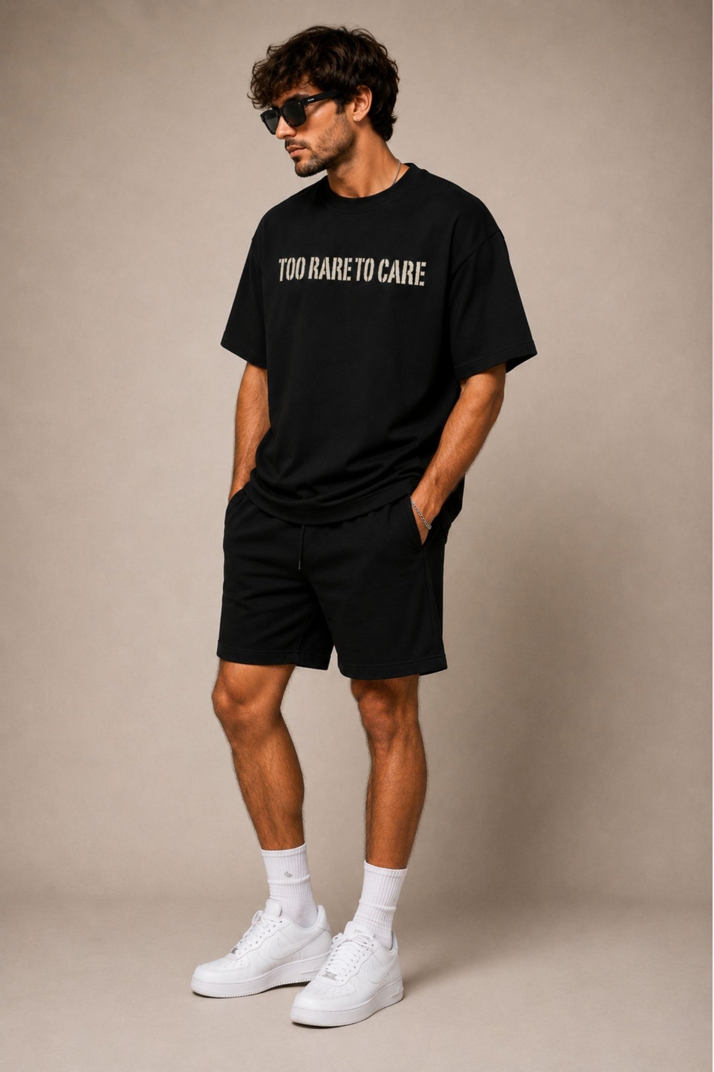 Too Rare To Care Black Oversized Co-Ord Set – 240 GSM Premium T-Shirt & Shorts